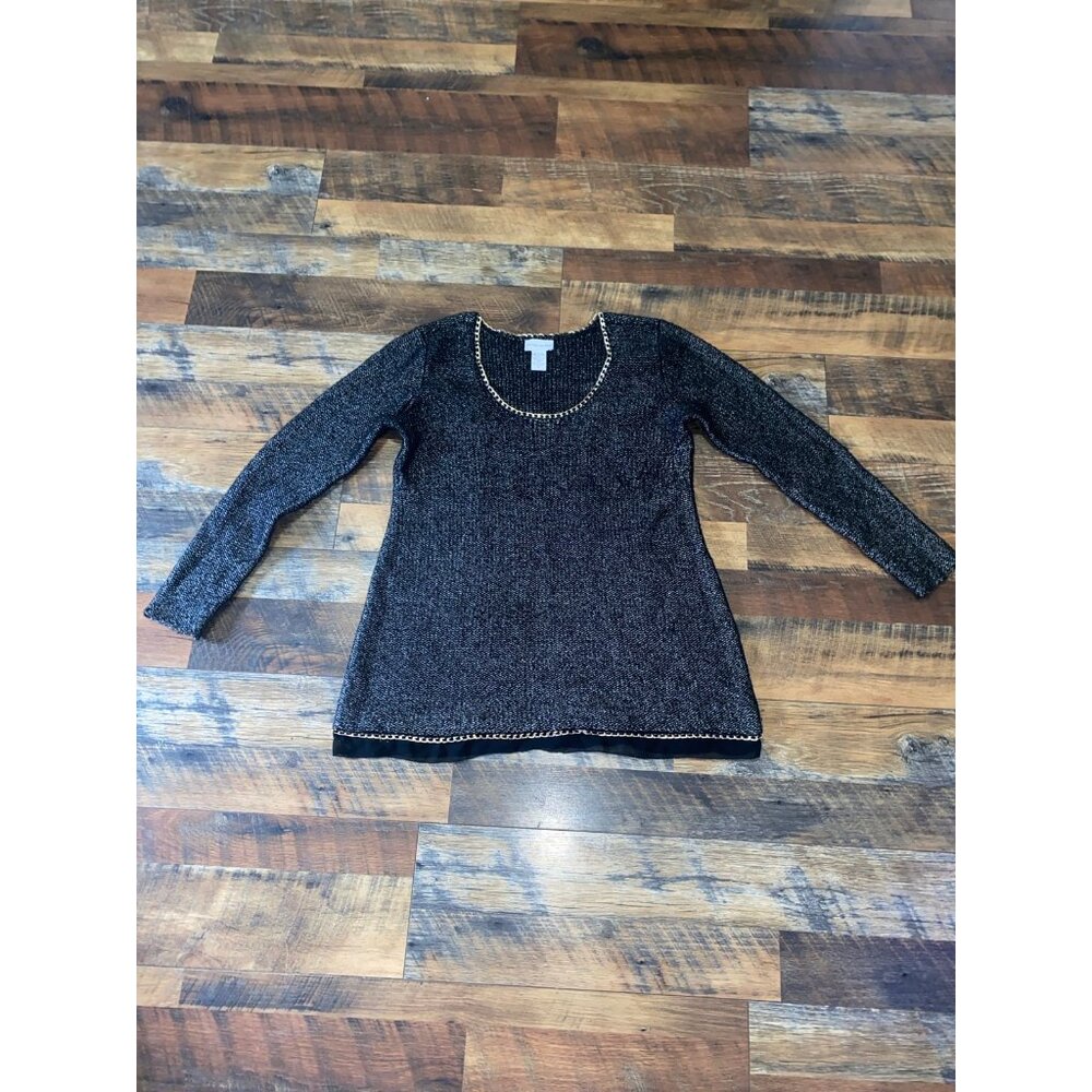 Soft Surroundings Sweater Womens Size M Black Metallic Gold Tone Chain‎ Trim